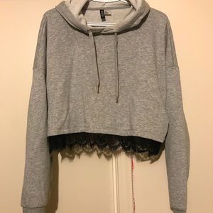 Grey Crop Hoodie w/ Lace Trim